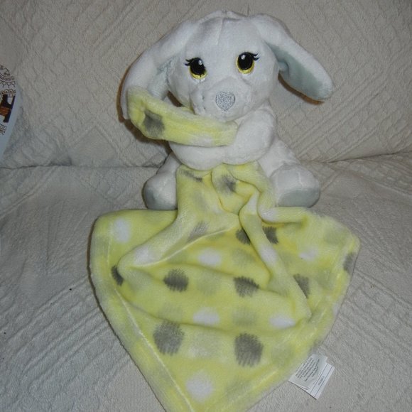 Little Beginnings Bunny Lovey Security Blanket Yellow Gray dots - Picture 1 of 3